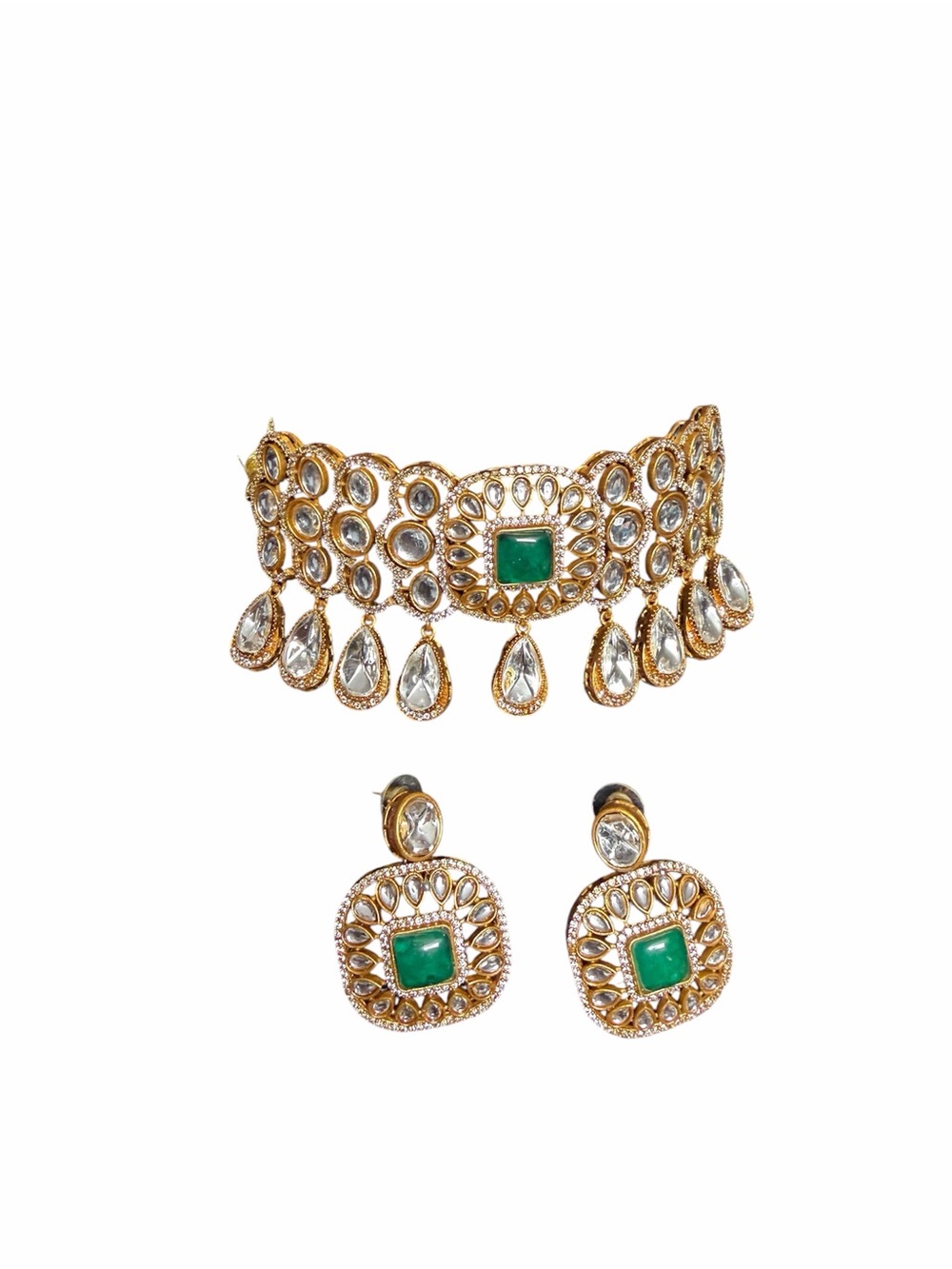 Gold-Plated Green Stone Choker Necklace and Earrings Set tyaani kundan